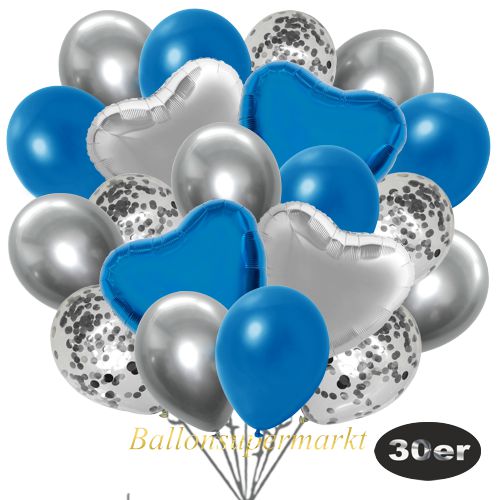 Partydeko Luftballon Set 30er, konfetti-luftballons-30-stueck-silber-konfetti-und-metallic-blau-chrome-silber-30-cm-folienballons-silber-und-blau-45-cm