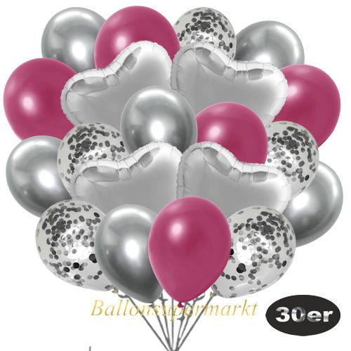 Partydeko Luftballon Set 30er, konfetti-luftballons-30-stueck-silber-konfetti-und-metallic-burgund-chrome-silber-30-cm-folienballons-silber-45-cm