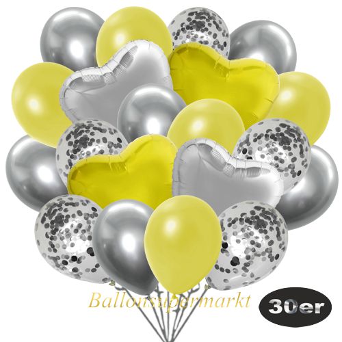Partydeko Luftballon Set 30er, konfetti-luftballons-30-stueck-silber-konfetti-und-metallic-gelb-chrome-silber-30-cm-folienballons-silber-und-gelb-45-cm