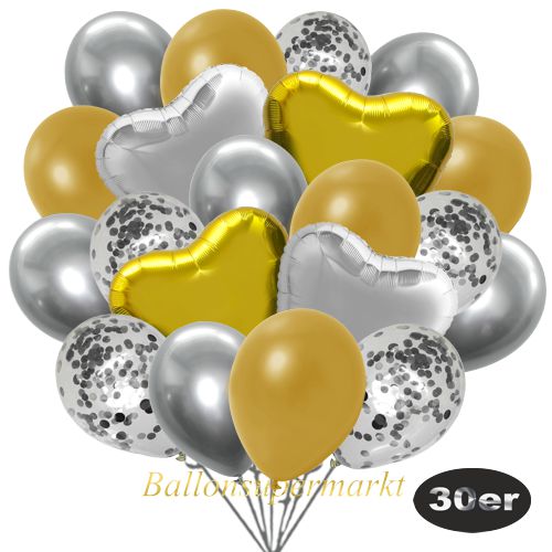 Partydeko Luftballon Set 30er, konfetti-luftballons-30-stueck-silber-konfetti-und-metallic-gold-chrome-silber-30-cm-folienballons-silber-und-gold-45-cm