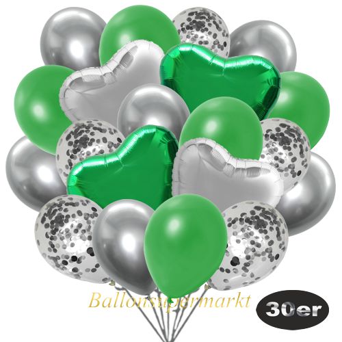 Partydeko Luftballon Set 30er, konfetti-luftballons-30-stueck-silber-konfetti-und-metallic-gruen-chrome-silber-30-cm-folienballons-silber-und-gruen-45-cm