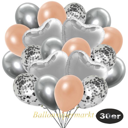 Partydeko Luftballon Set 30er, konfetti-luftballons-30-stueck-silber-konfetti-und-metallic-lachs-chrome-silber-30-cm-folienballons-silber-45-cm