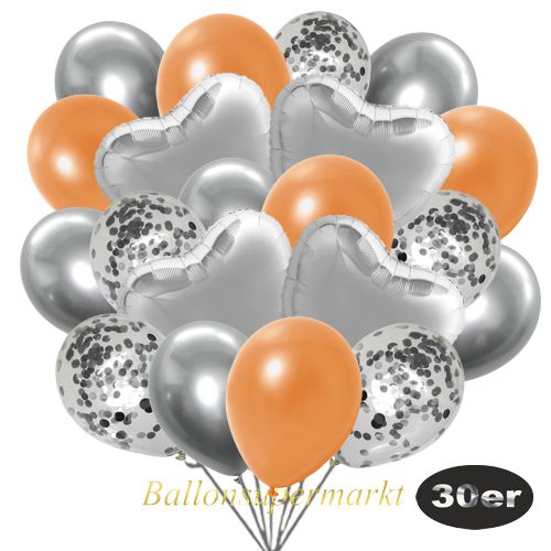Partydeko Luftballon Set 30er, konfetti-luftballons-30-stueck-silber-konfetti-und-metallic-orange-chrome-silber-30-cm-folienballons-silber-45-cm