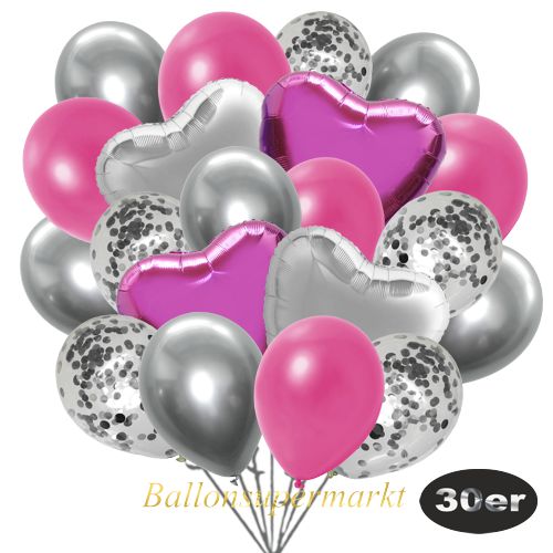 Partydeko Luftballon Set 30er, konfetti-luftballons-30-stueck-silber-konfetti-und-metallic-pink-chrome-silber-30-cm-folienballons-silber-und-pink-45-cm