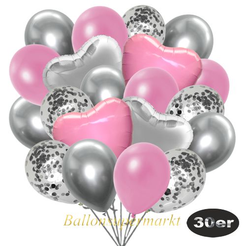 Partydeko Luftballon Set 30er, konfetti-luftballons-30-stueck-silber-konfetti-und-metallic-rose-chrome-silber-30-cm-folienballons-silber-und-hellrosa-45-cm