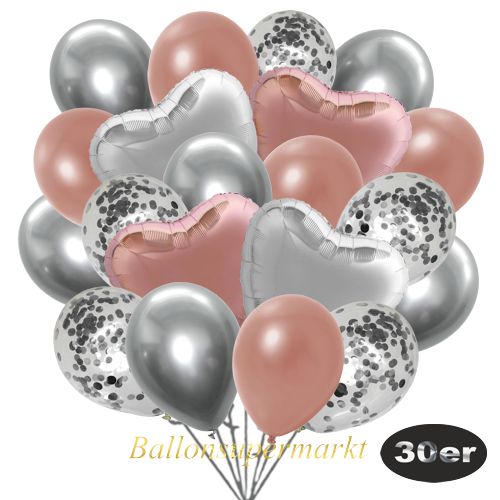 Partydeko Luftballon Set 30er, konfetti-luftballons-30-stueck-silber-konfetti-und-metallic-rosegold-chrome-silber-30-cm-folienballons-silber-und-rosegold-45-cm