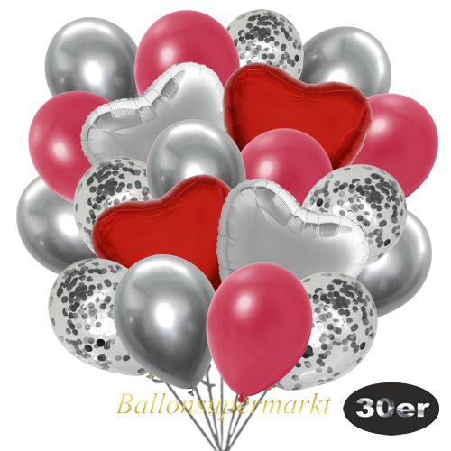 Partydeko Luftballon Set 30er, konfetti-luftballons-30-stueck-silber-konfetti-und-metallic-rot-chrome-silber-30-cm-folienballons-silber-und-rot-45-cm