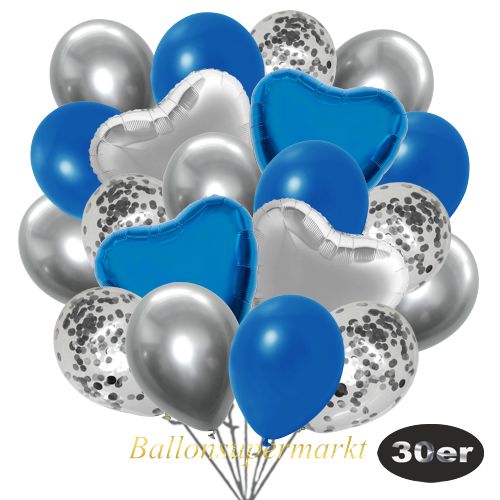 Partydeko Luftballon Set 30er, konfetti-luftballons-30-stueck-silber-konfetti-und-metallic-royalblau-chrome-silber-30-cm-folienballons-silber-und-blau-45-cm