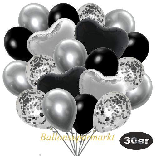 Partydeko Luftballon Set 30er, konfetti-luftballons-30-stueck-silber-konfetti-und-metallic-schwarz-chrome-silber-30-cm-folienballons-silber-und-schwarz-45-cm