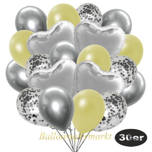 Partydeko Luftballon Set 30er, konfetti-luftballons-30-stueck-silber-konfetti-und-metallic-pastellgelb-chrome-silber-30-cm-folienballons-silber-45-cm