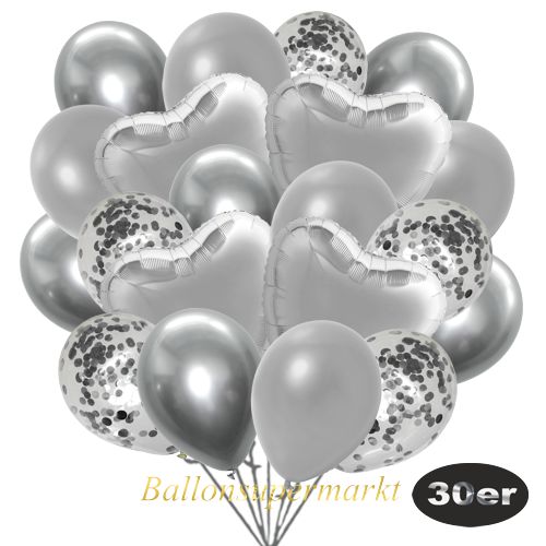Partydeko Luftballon Set 30er, konfetti-luftballons-30-stueck-silber-konfetti-und-metallic-silber-chrome-silber-30-cm-folienballons-silber-45-cm