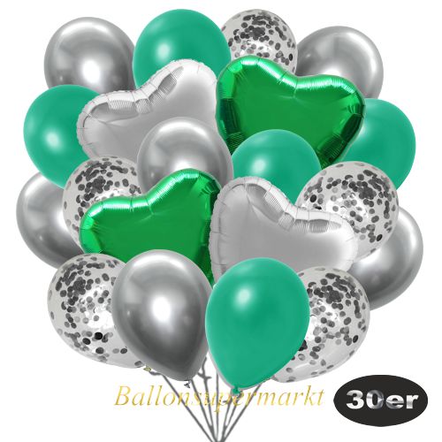 Partydeko Luftballon Set 30er, konfetti-luftballons-30-stueck-silber-konfetti-und-metallic-tuerkisgruen-chrome-silber-30-cm-folienballons-silber-und-gruen-45-cm
