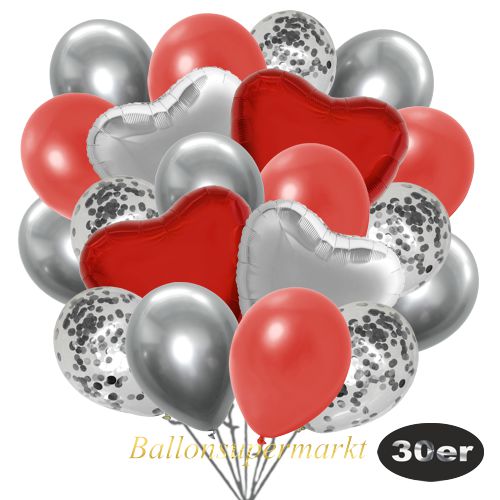 Partydeko Luftballon Set 30er, konfetti-luftballons-30-stueck-silber-konfetti-und-metallic-warmrot-chrome-silber-30-cm-folienballons-silber-und-rot-45-cm