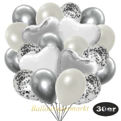 Partydeko Luftballon Set 30er, konfetti-luftballons-30-stueck-silber-konfetti-und-metallic-weiss-chrome-silber-30-cm-folienballons-silber-und-weiss-45-cm