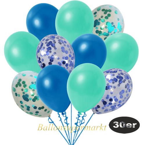 Partydeko Luftballon Set 30er, konfetti-luftballons-30-stueck-blau-konfetti-aquamarin-konfetti-und-metallic-blau-metallic-aquamarin-30-cm