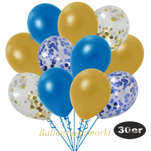 Partydeko Luftballon Set 30er, konfetti-luftballons-30-stueck-blau-konfetti-blau-konfetti-und-metallic-blau-metallic-gold-30-cm
