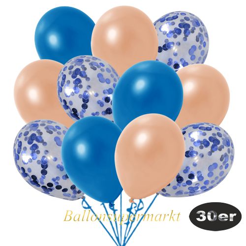Partydeko Luftballon Set 30er, konfetti-luftballons-30-stueck-blau-konfetti-und-metallic-blau-metallic-lachs-30-cm