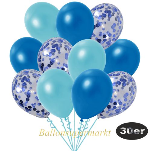 Partydeko Luftballon Set 30er, konfetti-luftballons-30-stueck-blau-konfetti-und-metallic-hellblau-metallic-blau-30-cm