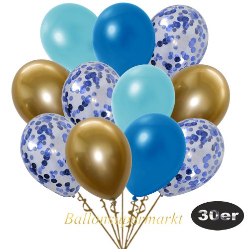 Partydeko Luftballon Set 30er, konfetti-luftballons-30-stueck-blau-konfetti-und-metallic-blau-metallic-hellblau-chrome-gold-30-cm
