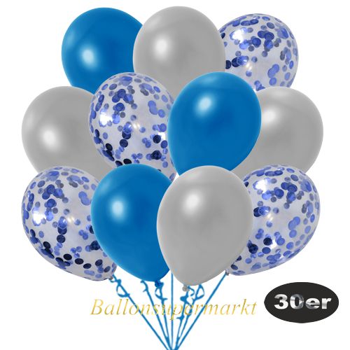 Partydeko Luftballon Set 30er, konfetti-luftballons-30-stueck-blau-konfetti-und-metallic-silber-metallic-blau-30-cm
