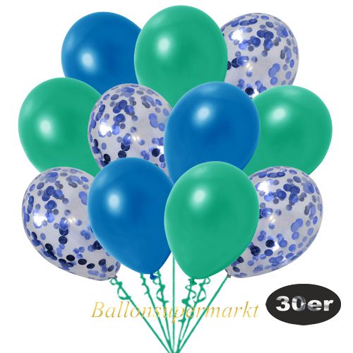 Partydeko Luftballon Set 30er, konfetti-luftballons-30-stueck-blau-konfetti-und-metallic-tuerkisgruen-metallic-blau-30-cm