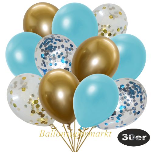 Partydeko Luftballon Set 30er, konfetti-luftballons-30-stueck-gold-konfetti-hellblau-konfetti-und-metallic-hellblau-chrome-gold-30-cm