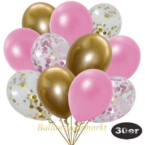 Partydeko Luftballon Set 30er, konfetti-luftballons-30-stueck-rosa-konfetti-gold-konfetti-und-metallic-rose-chrome-gold-30-cm