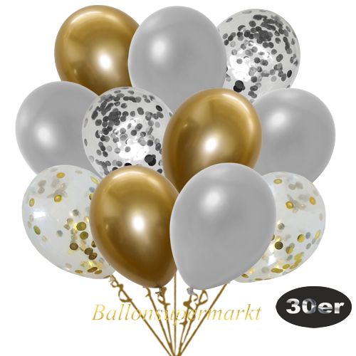Partydeko Luftballon Set 30er, konfetti-luftballons-30-stueck-gold-konfetti-silber-konfetti-und-metallic-silber-chrome-gold-30-cm