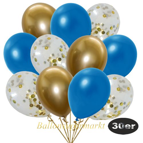 Partydeko Luftballon Set 30er, konfetti-luftballons-30-stueck-gold-konfetti-und-metallic-blau-chrome-gold-30-cm