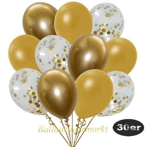 Partydeko Luftballon Set 30er, konfetti-luftballons-30-stueck-gold-konfetti-und-metallic-gold-chrome-gold-30-cm