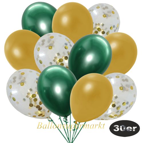 Partydeko Luftballon Set 30er, konfetti-luftballons-30-stueck-gold-konfetti-und-metallic-gold-chrome-gruen-30-cm