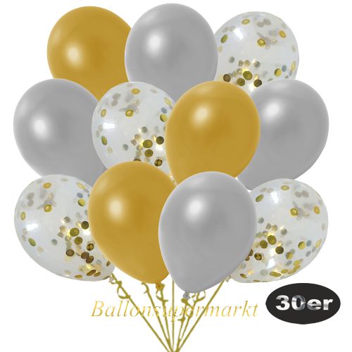 Partydeko Luftballon Set 30er, konfetti-luftballons-30-stueck-gold-konfetti-und-metallic-gold-metallic-silber-30-cm