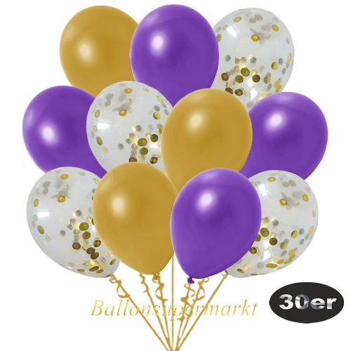 Partydeko Luftballon Set 30er, konfetti-luftballons-30-stueck-gold-konfetti-und-metallic-gold-metallic-violett-30-cm