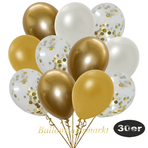 Partydeko Luftballon Set 30er, konfetti-luftballons-30-stueck-gold-konfetti-und-metallic-weiss-und-metallic-gold-chrome-gold-30-cm