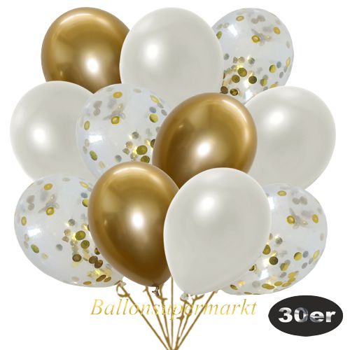 Partydeko Luftballon Set 30er, konfetti-luftballons-30-stueck-gold-konfetti-und-metallic-weiss-chrome-gold-30-cm