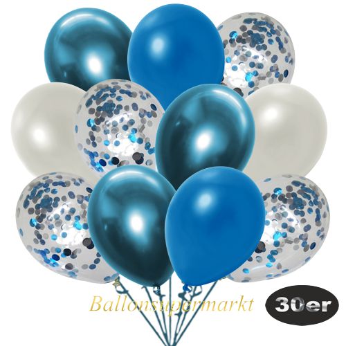Partydeko Luftballon Set 30er, konfetti-luftballons-30-stueck-hellblau-konfetti-und-metallic-weiss-metallic-blau-und-metallic-blau-chrome-gold-30-cm