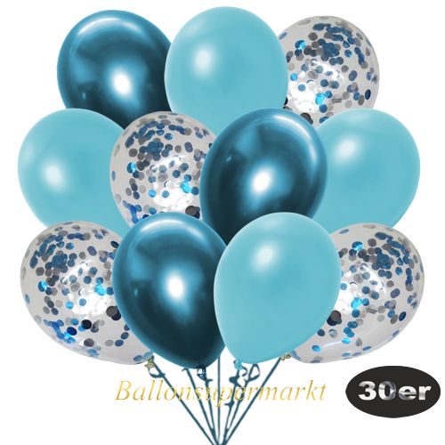 Partydeko Luftballon Set 30er, konfetti-luftballons-30-stueck-hellblau-konfetti-und-metallic-hellblau-chrome-blau-30-cm