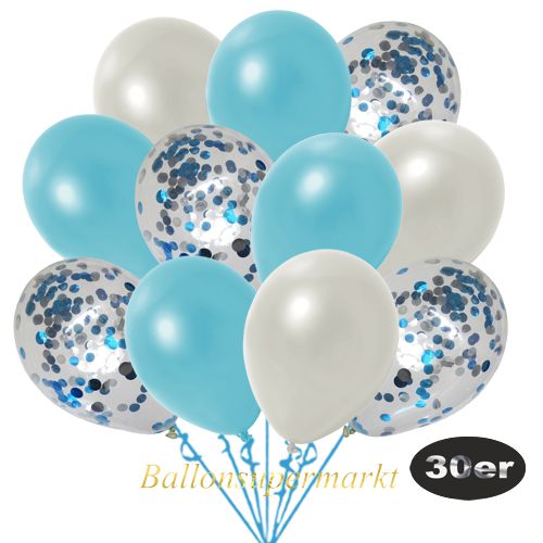 Partydeko Luftballon Set 30er, konfetti-luftballons-30-stueck-hellblau-konfetti-und-metallic-hellblau-metallic-weiss-30-cm