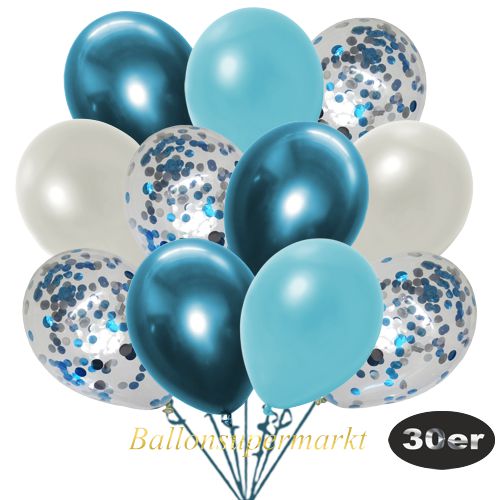 Partydeko Luftballon Set 30er, konfetti-luftballons-30-stueck-hellblau-konfetti-und-metallic-weiss-metallic-hellblau-und-metallic-blau-chrome-gold-30-cm