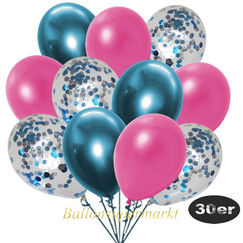 Partydeko Luftballon Set 30er, konfetti-luftballons-30-stueck-hellblau-konfetti-und-metallic-pink-chrome-blau-30-cm
