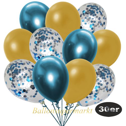 Partydeko Luftballon Set 30er, konfetti-luftballons-30-stueck-hellblau-konfetti-und-metallic-gold-chrome-blau-30-cm