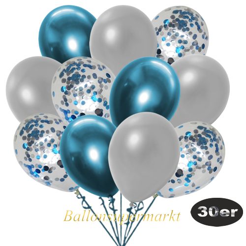Partydeko Luftballon Set 30er, konfetti-luftballons-30-stueck-hellblau-konfetti-und-metallic-silber-chrome-blau-30-cm