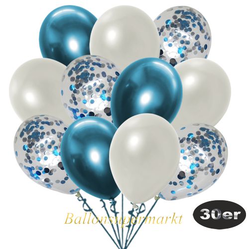 Partydeko Luftballon Set 30er, konfetti-luftballons-30-stueck-hellblau-konfetti-und-metallic-weiss-chrome-blau-30-cm