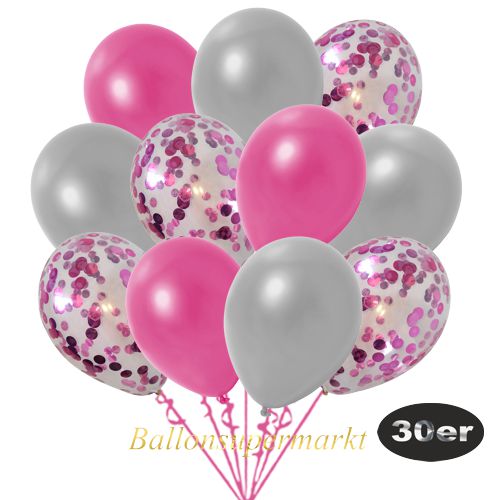 Partydeko Luftballon Set 30er, konfetti-luftballons-30-stueck-pink-konfetti-und-metallic-pink-metallic-silber-30-cm