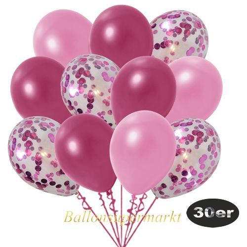 Partydeko Luftballon Set 30er, konfetti-luftballons-30-stueck-pink-konfetti-und-metallic-rose-metallic-burgund-30-cm