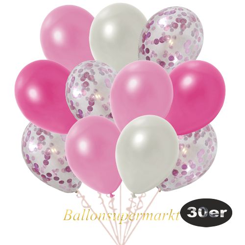 Partydeko Luftballon Set 30er, konfetti-luftballons-30-stueck-rosa-konfetti-und-metallic-rose-metallic-pink-metallic-weiss-30-cm