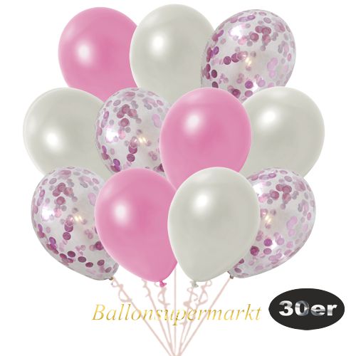 Partydeko Luftballon Set 30er, konfetti-luftballons-30-stueck-rosa-konfetti-und-metallic-rose-metallic-weiss-30-cm