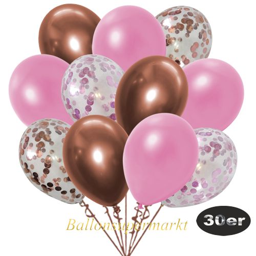 Partydeko Luftballon Set 30er, konfetti-luftballons-30-stueck-rosegold-konfetti-rosa-konfetti-und-metallic-rose-chrome-kupfer-30-cm
