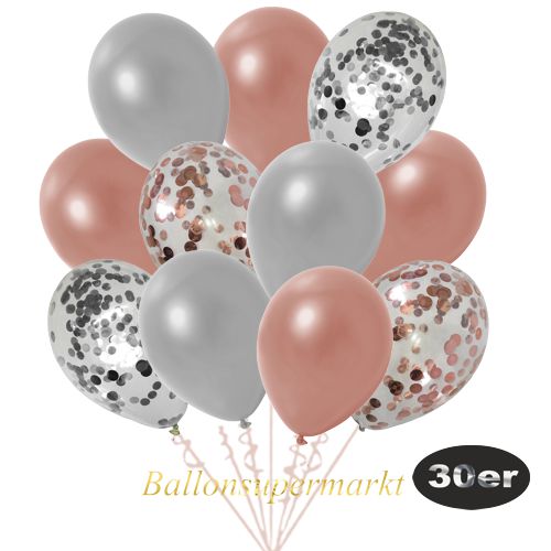Partydeko Luftballon Set 30er, konfetti-luftballons-30-stueck-rosegold-konfetti-silber-konfetti-und-metallic-rosegold-metallic-silber-30-cm