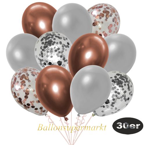 Partydeko Luftballon Set 30er, konfetti-luftballons-30-stueck-rosegold-konfetti-silber-konfetti-und-metallic-silber-chrome-kupfer-30-cm